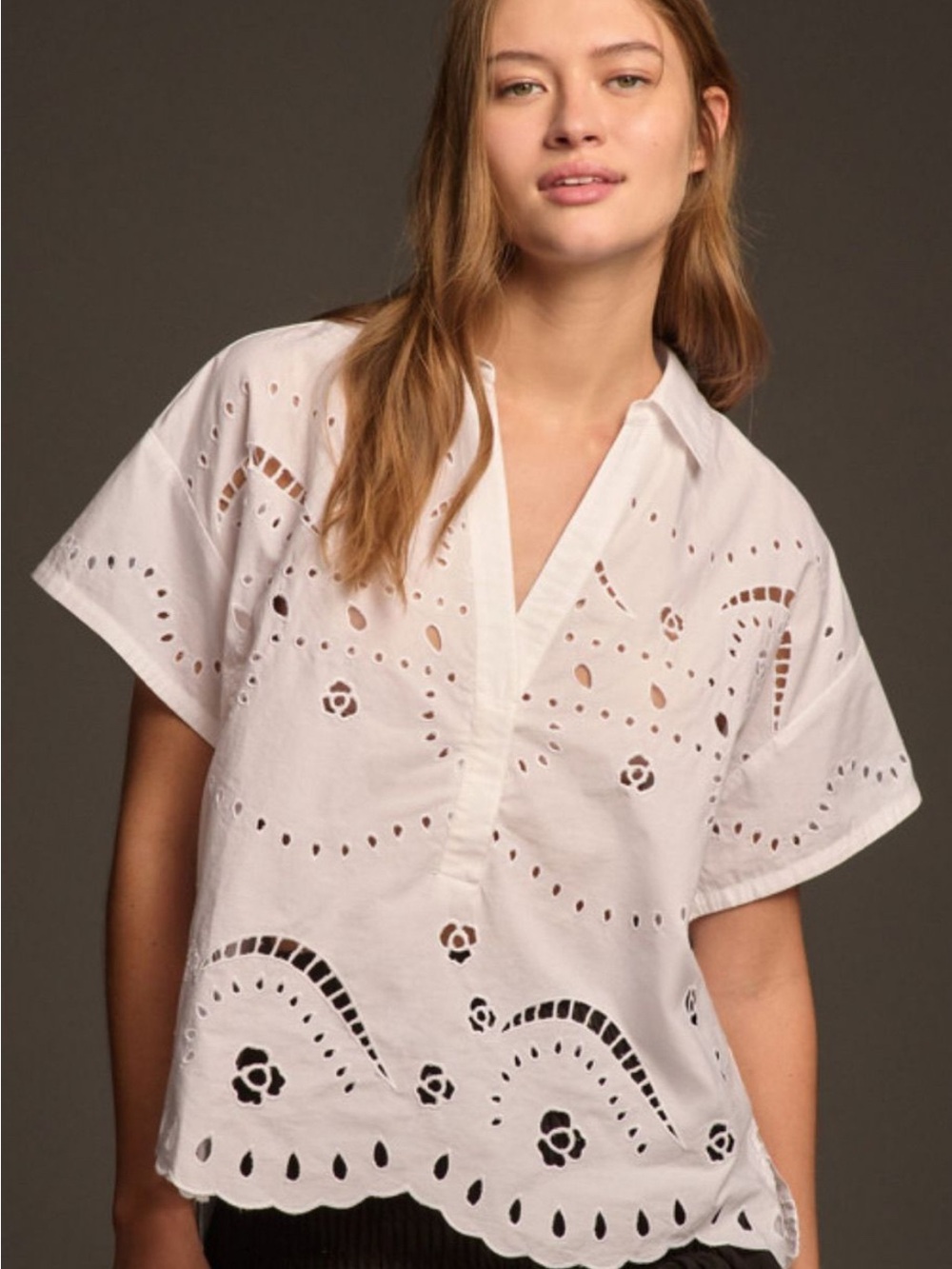 (SMALL) NWOT ANTHROPOLOGIE MAEVE SHORT SLEEVE BOXY EYELET POPOVER BLOUSE